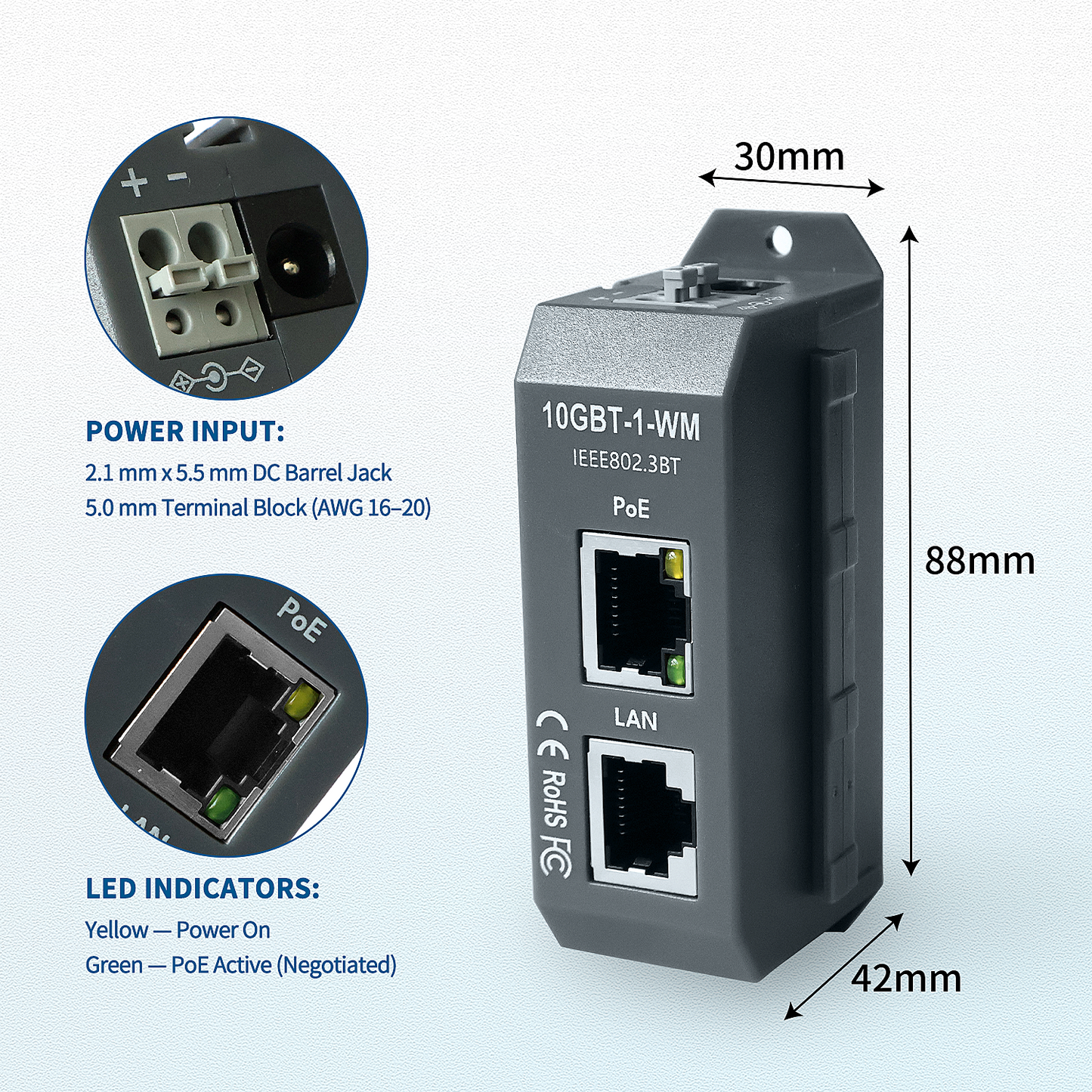 10GBT-1-WM 高速10G PoE++供电注入器高达90W的电力支持,采用智能握手协商机制,符合IEEE 802.3af/at/bt标准,为高清IP摄像头、高端无线AP、LED照明等设备提供高速数据传输与稳定供电