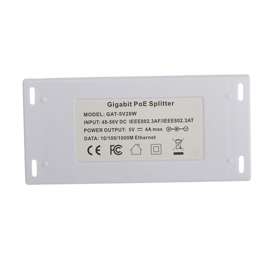 GAT-5v20w 千兆POE分离器,8023.3af/at 44-57V POE 输入 5V 20W DC 输出与千兆网速,为5V 非POE设备如摄像机等供电