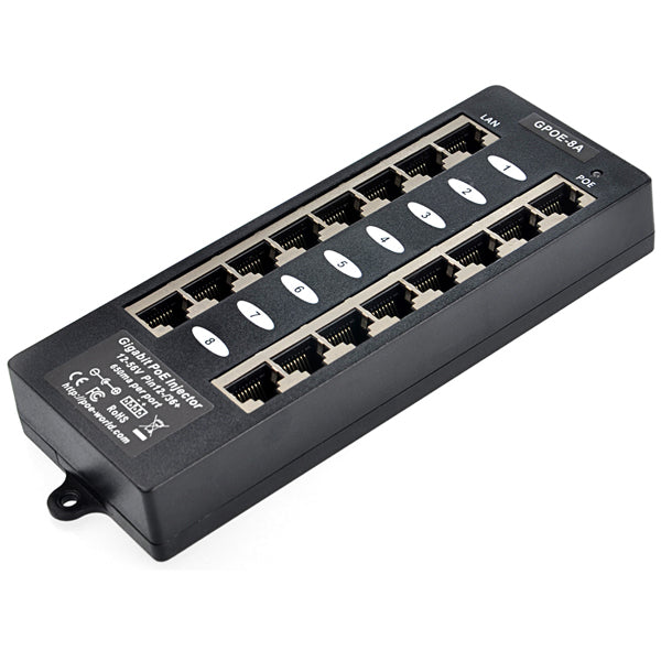 GPOE-8A 8口千兆以太网中跨注入器 Mode A 被动式PoE供电器, 兼容802.3af,可以同时连接8台IP摄像机,VOIP电话,WiFi接入点