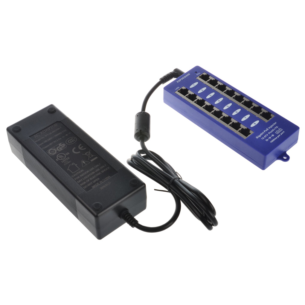 GPOE-8B-PS24V 8口千兆PoE 供电器B模式与24V电源套装,可为8台 24V被动式 PoE 设备供电,如Mikrotik UBNT等需要24V PoE设备供电