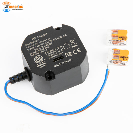 AC-USBC 嵌入式平板电脑充电器USBC接口 100-240V AC 输入,最高30W输出,兼容5V,9V, 12V, 15V, 20V适合不同类型的平板电脑