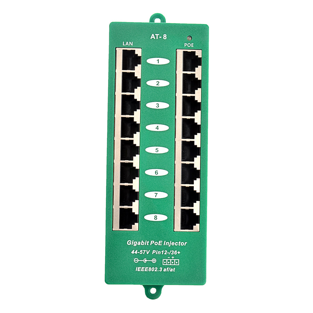 AT-8 千兆以太网供电器,主动式PoE 注入器兼容IEEE802.3af/at, 可同时连接8台摄像机