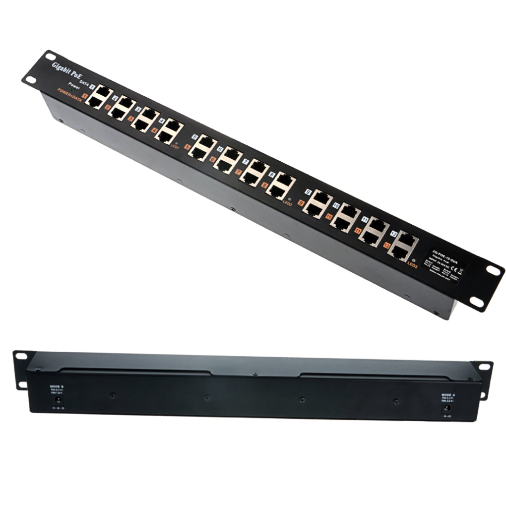 GPOE-12-1U 机架式19寸1U12口千兆被动式中跨以太网(PoE) 供电器, Mode A Mode B PoE 注入器兼容802.3af设备