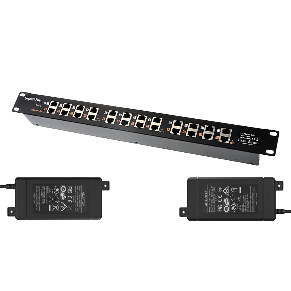 GPOE-12-PS48V 2口千兆被动式PoE供电器与48V电源套装,机架式中跨被动式PoE注入器,配有48V 120W 或 240W电源