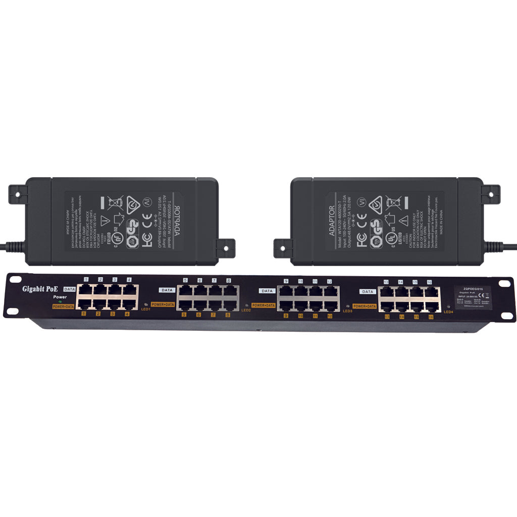 GPOE-16-PS48V 19寸1U机架式16口千兆被动式PoE供电器与48V电源套装,为标有“802.3af”的设备供电,最高可达60W输出