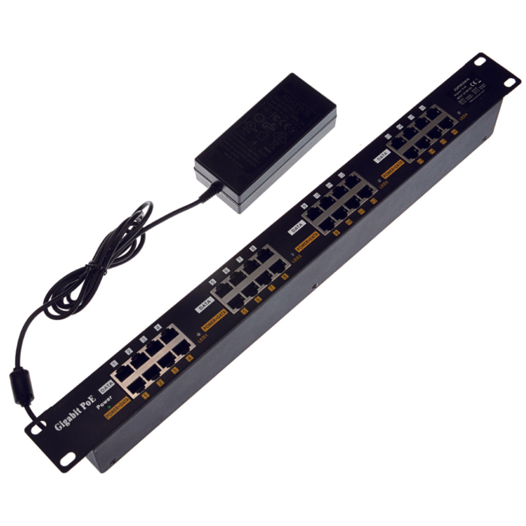 GPOE-16-PS48V 19寸1U机架式16口千兆被动式PoE供电器与48V电源套装,为标有“802.3af”的设备供电,最高可达60W输出