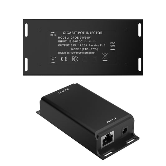 GPOE-24V30W 被动式PoE注入器/转换器,12V DC 输入24VPoE输出,可用于太阳能系统中为24VPoE设备提供最高30W功率和千兆传输速率