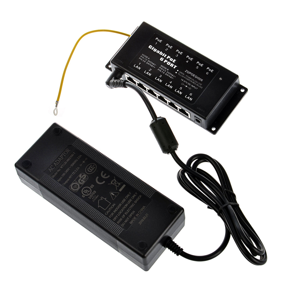 GPOE-6AB-PS48V 千兆被动式PoE供电器与48V电源套装, 中跨以太网注入器和60W 120W电源适配器,可为6台802.3af PoE 设备供电