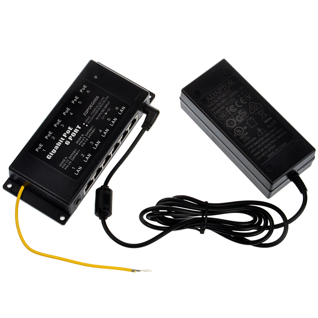 GPOE-6AB-PS48V 千兆被动式PoE供电器与48V电源套装, 中跨以太网注入器和60W 120W电源适配器,可为6台802.3af PoE 设备供电