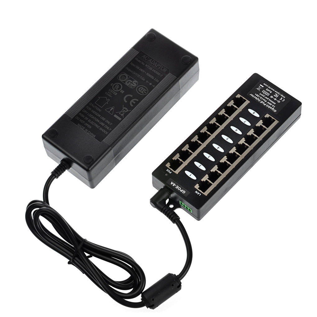 GPOE-8A-PS48V 以太网中跨8口千兆PoE 供电器A模式与48V电源套装,可为8台802.3af PoE 摄像头,VOIP电话供电,60W 120W电源适配器可选