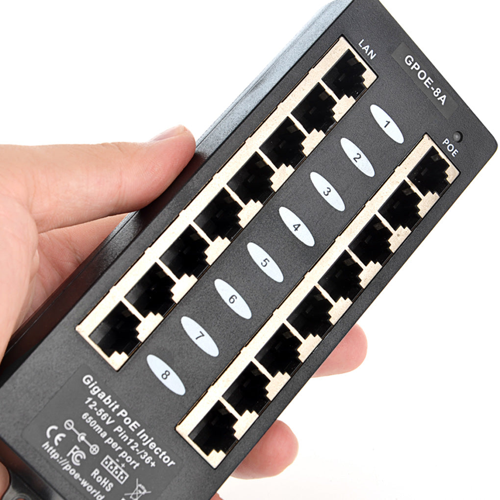 GPOE-8A-PS48V 以太网中跨8口千兆PoE 供电器A模式与48V电源套装,可为8台802.3af PoE 摄像头,VOIP电话供电,60W 120W电源适配器可选