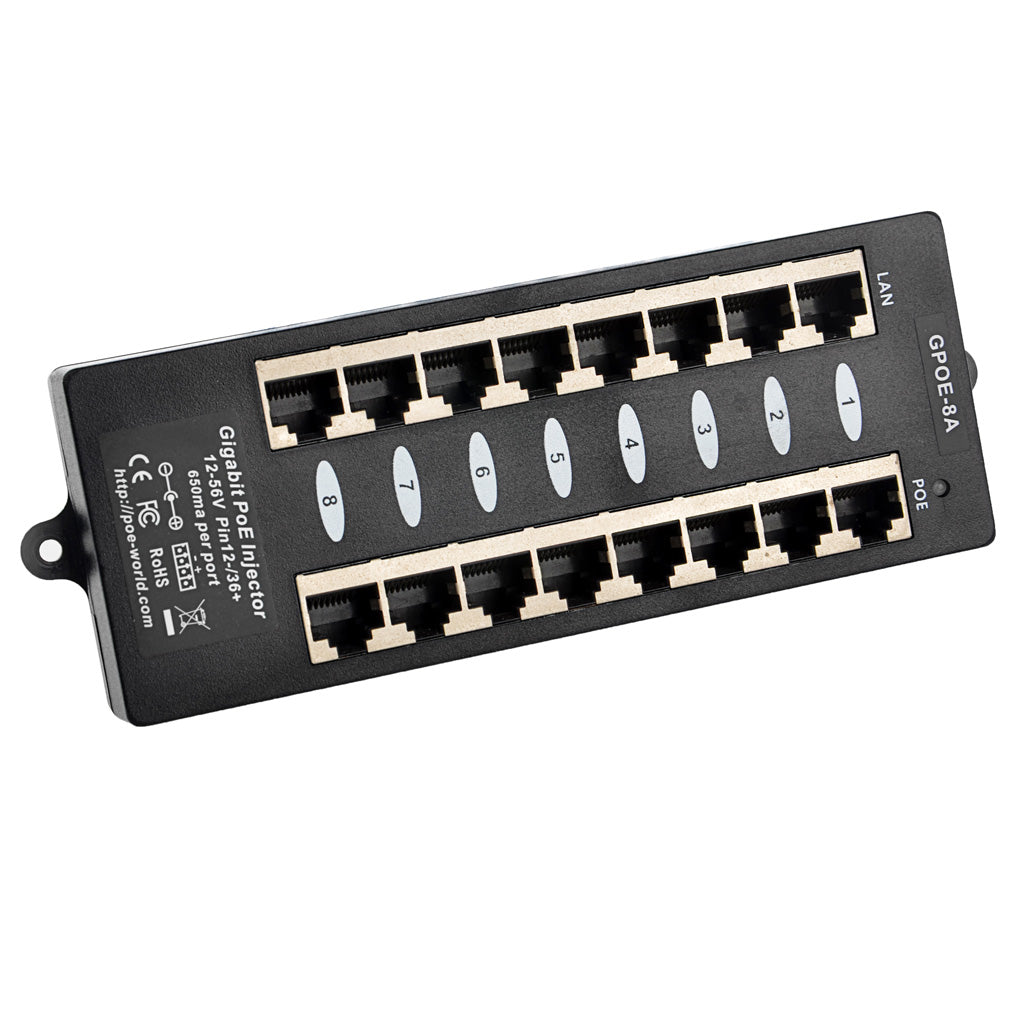 GPOE-8A 8口千兆以太网中跨注入器 Mode A 被动式PoE供电器, 兼容802.3af,可以同时连接8台IP摄像机,VOIP电话,WiFi接入点