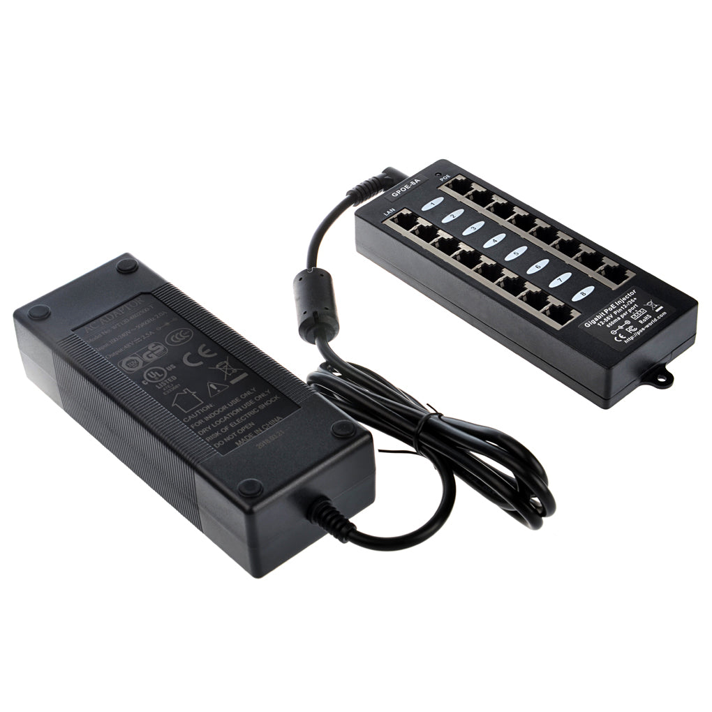 GPOE-8A-PS48V 以太网中跨8口千兆PoE 供电器A模式与48V电源套装,可为8台802.3af PoE 摄像头,VOIP电话供电,60W 120W电源适配器可选