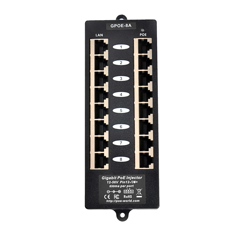 GPOE-8A-PS48V 以太网中跨8口千兆PoE 供电器A模式与48V电源套装,可为8台802.3af PoE 摄像头,VOIP电话供电,60W 120W电源适配器可选