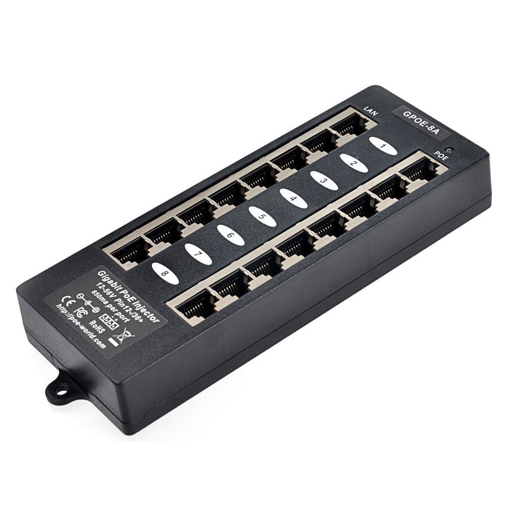 GPOE-8A-PS48V 以太网中跨8口千兆PoE 供电器A模式与48V电源套装,可为8台802.3af PoE 摄像头,VOIP电话供电,60W 120W电源适配器可选