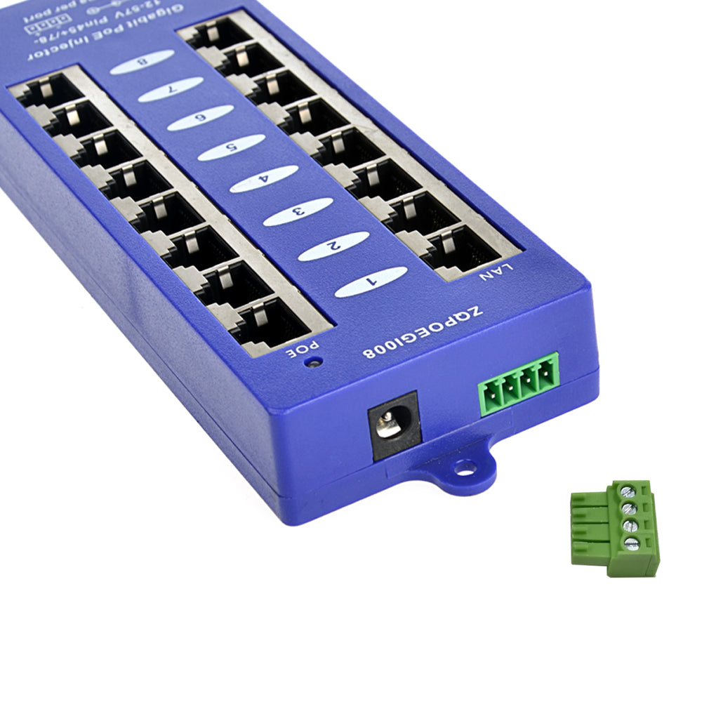 GPOE-8B-PS24V 8口千兆PoE 供电器B模式与24V电源套装,可为8台 24V被动式 PoE 设备供电,如Mikrotik UBNT等需要24V PoE设备供电