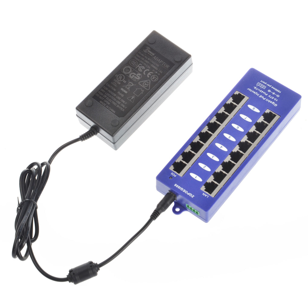 GPOE-8B-PS24V 8口千兆PoE 供电器B模式与24V电源套装,可为8台 24V被动式 PoE 设备供电,如Mikrotik UBNT等需要24V PoE设备供电
