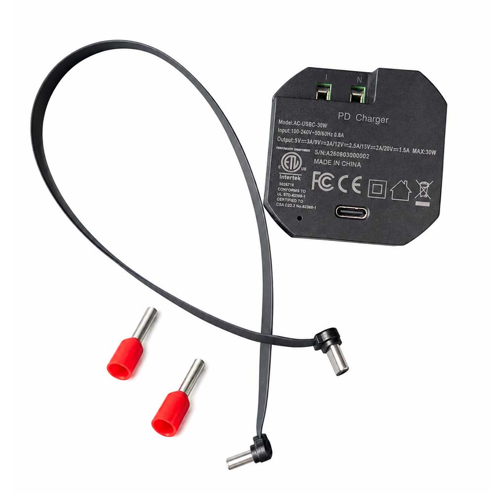 AC-USB-30W 嵌入式 USB-C PD 电源适配器｜30W快充｜100–240V AC转USB-C｜墙内隐藏安装