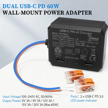AC-USBC2-60W 双USB-C PD 60W 嵌入式电源适配器 100-240V 输入，支持 PD 3.0 快充协议5V/9V/12V/15V/20V输出，为笔记本电脑、平板电脑及智能手机充电；通过ETL、CE、FCC、RoHS 认证