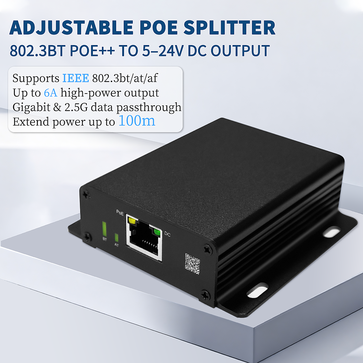 GBT-65W 可调电压 PoE++ 分离器（5–24V/26V 可调），支持 10/100/1000/2.5G 数据，IEEE 802.3bt/at/af，最大输出 6A，延长供电距离至 100 米