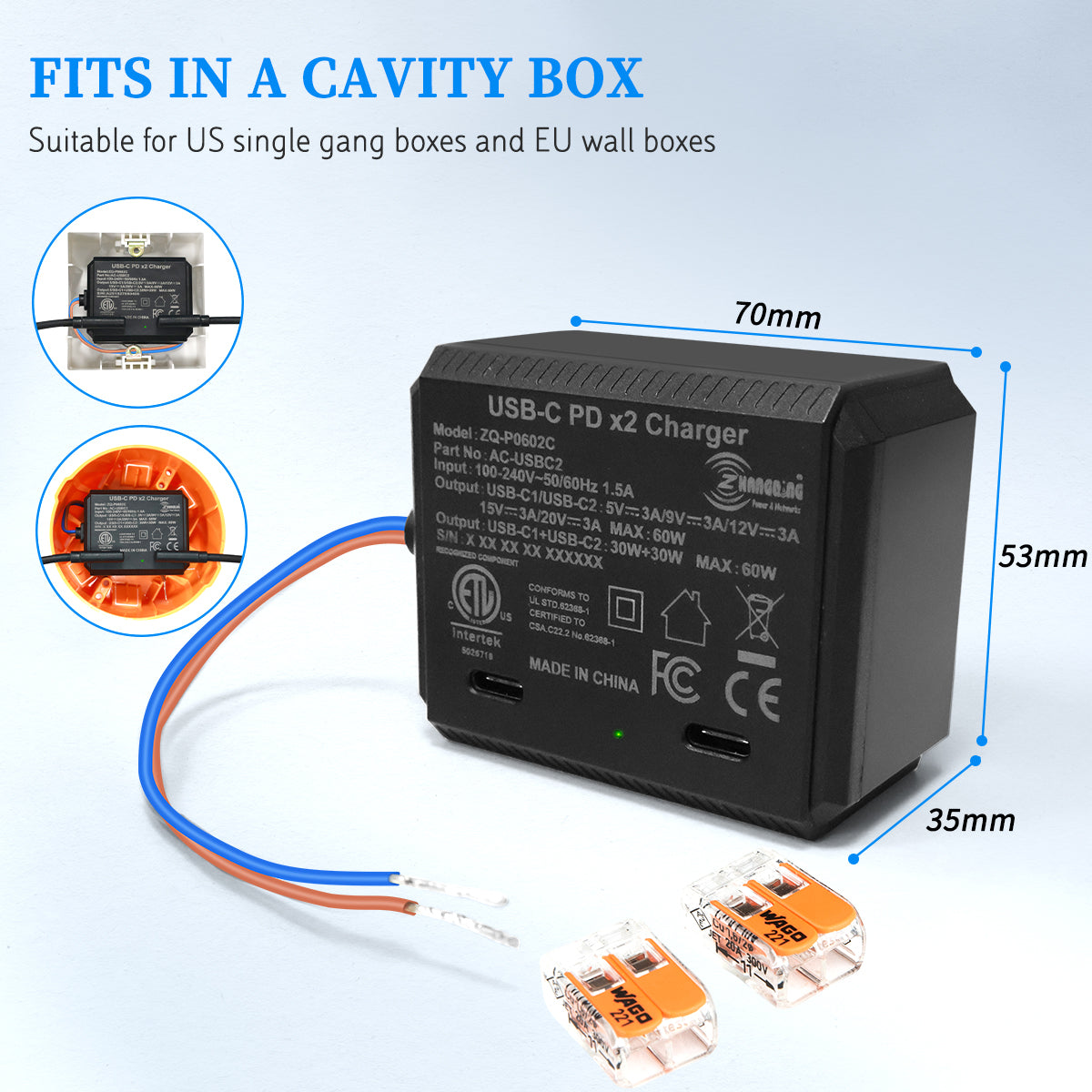 AC-USBC2-60W 双USB-C PD 60W 嵌入式电源适配器 100-240V 输入，支持 PD 3.0 快充协议5V/9V/12V/15V/20V输出，为笔记本电脑、平板电脑及智能手机充电；通过ETL、CE、FCC、RoHS 认证