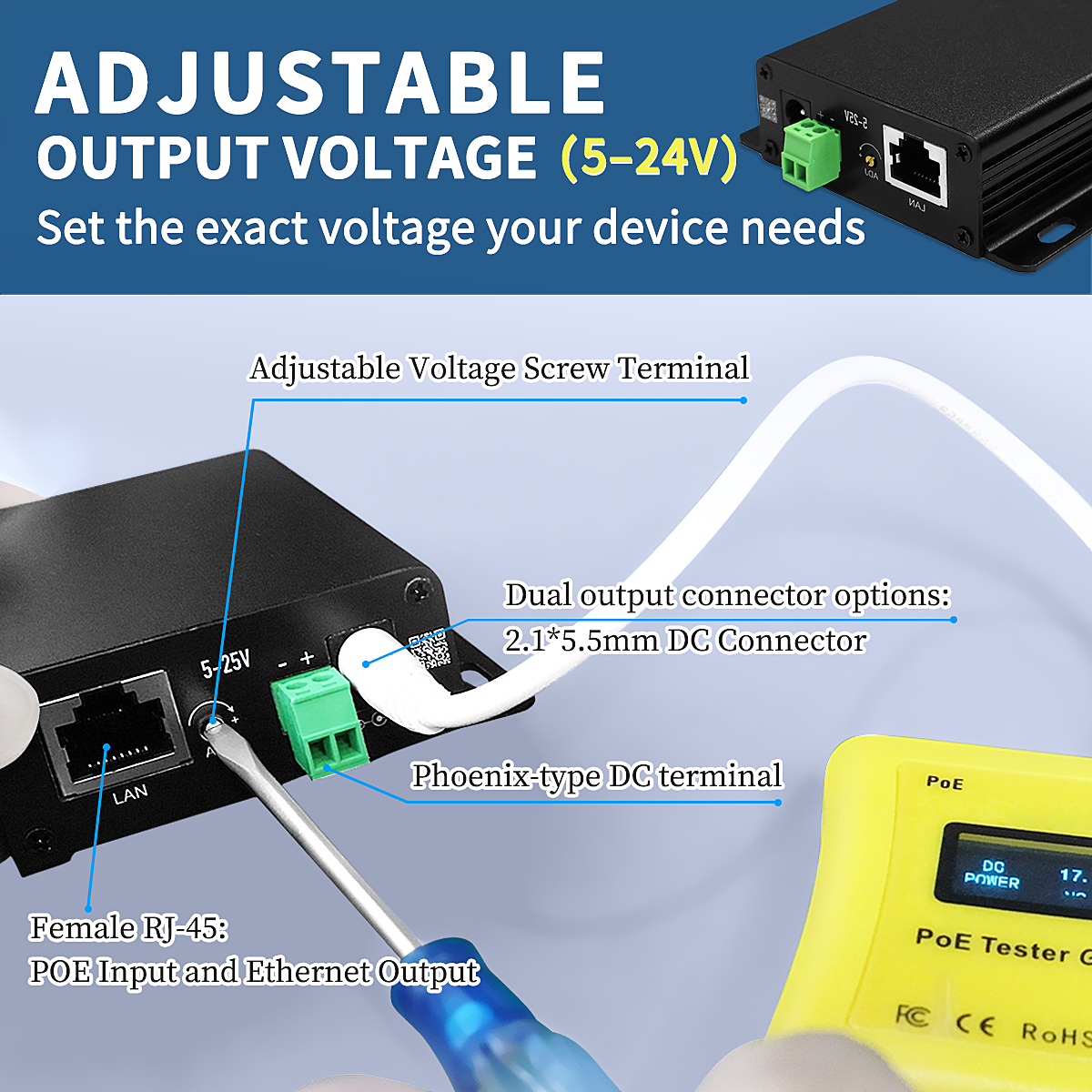 GBT-65W 可调电压 PoE++ 分离器（5–24V/26V 可调），支持 10/100/1000/2.5G 数据，IEEE 802.3bt/at/af，最大输出 6A，延长供电距离至 100 米