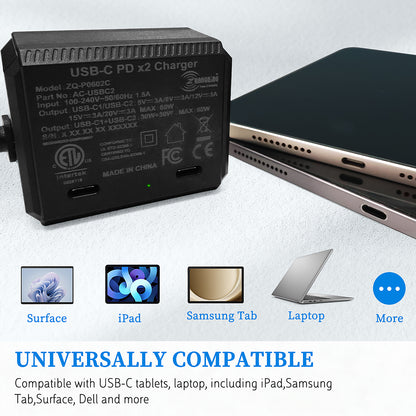 AC-USBC2-60W 双USB-C PD 60W 嵌入式电源适配器 100-240V 输入，支持 PD 3.0 快充协议5V/9V/12V/15V/20V输出，为笔记本电脑、平板电脑及智能手机充电；通过ETL、CE、FCC、RoHS 认证