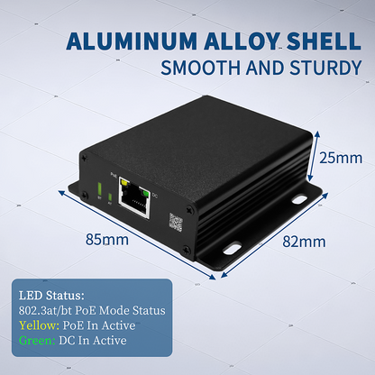 GBT-65W 可调电压 PoE++ 分离器（5–24V/26V 可调），支持 10/100/1000/2.5G 数据，IEEE 802.3bt/at/af，最大输出 6A，延长供电距离至 100 米