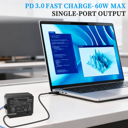 AC-USBC2-60W 双USB-C PD 60W 嵌入式电源适配器 100-240V 输入，支持 PD 3.0 快充协议5V/9V/12V/15V/20V输出，为笔记本电脑、平板电脑及智能手机充电；通过ETL、CE、FCC、RoHS 认证