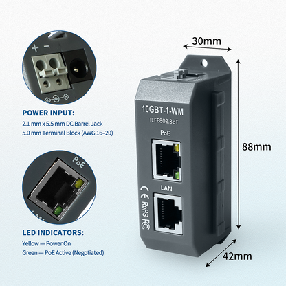 10GBT-1-WM 高速10G PoE++供电注入器高达90W的电力支持，采用智能握手协商机制，符合IEEE 802.3af/at/bt标准，为高清IP摄像头、高端无线AP、LED照明等设备提供高速数据传输与稳定供电