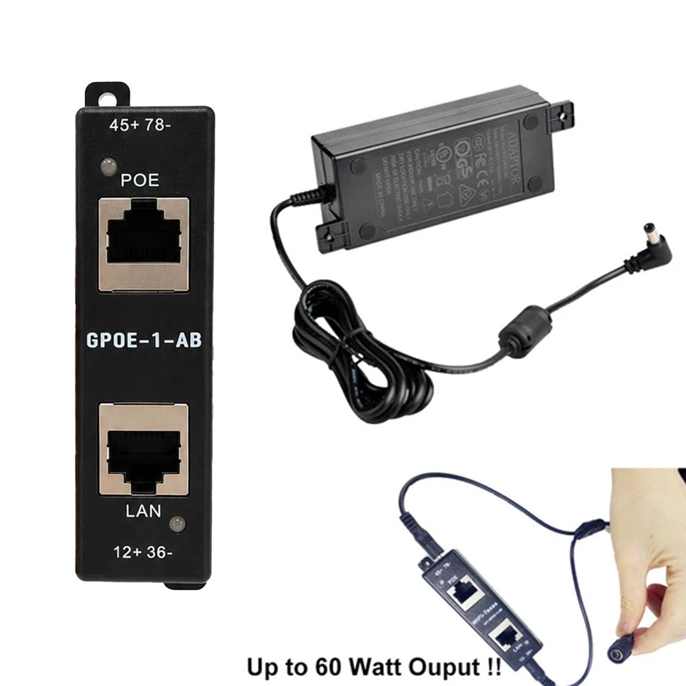 GPOE-1-AB-Y-48V60W 中跨千兆被动式PoE供电器A/B模式和48V60W电源套装，最高60W输出