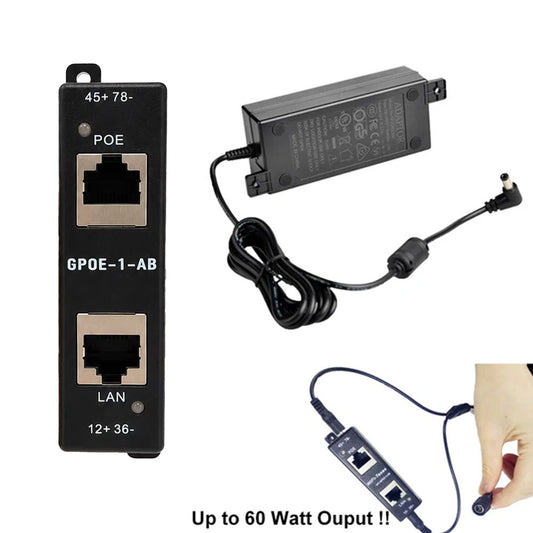 GPOE-1-AB-Y-48V60W 中跨千兆被动式PoE供电器A/B模式和48V60W电源套装，最高60W输出