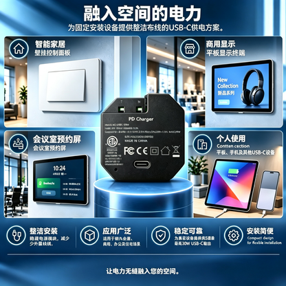 AC-USB-30W 嵌入式 USB-C PD 电源适配器｜30W快充｜100–240V AC转USB-C｜墙内隐藏安装
