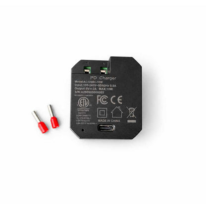 AC-USBC-10W 嵌入式USB-C电源适配器，100–240V交流转5V/2A直流输出，10W稳定供电，墙内底盒隐藏安装，适用于壁挂平板与智能控制面板
