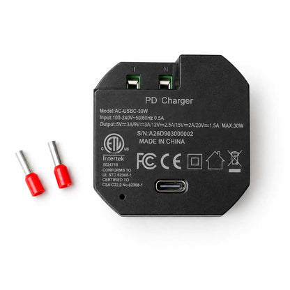 AC-USB-30W 嵌入式 USB-C PD 电源适配器｜30W快充｜100–240V AC转USB-C｜墙内隐藏安装