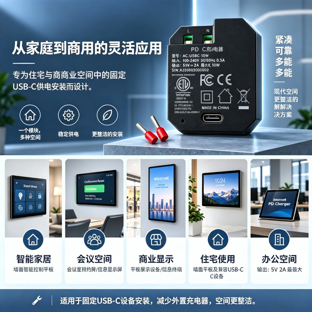 AC-USBC-10W 嵌入式USB-C电源适配器，100–240V交流转5V/2A直流输出，10W稳定供电，墙内底盒隐藏安装，适用于壁挂平板与智能控制面板