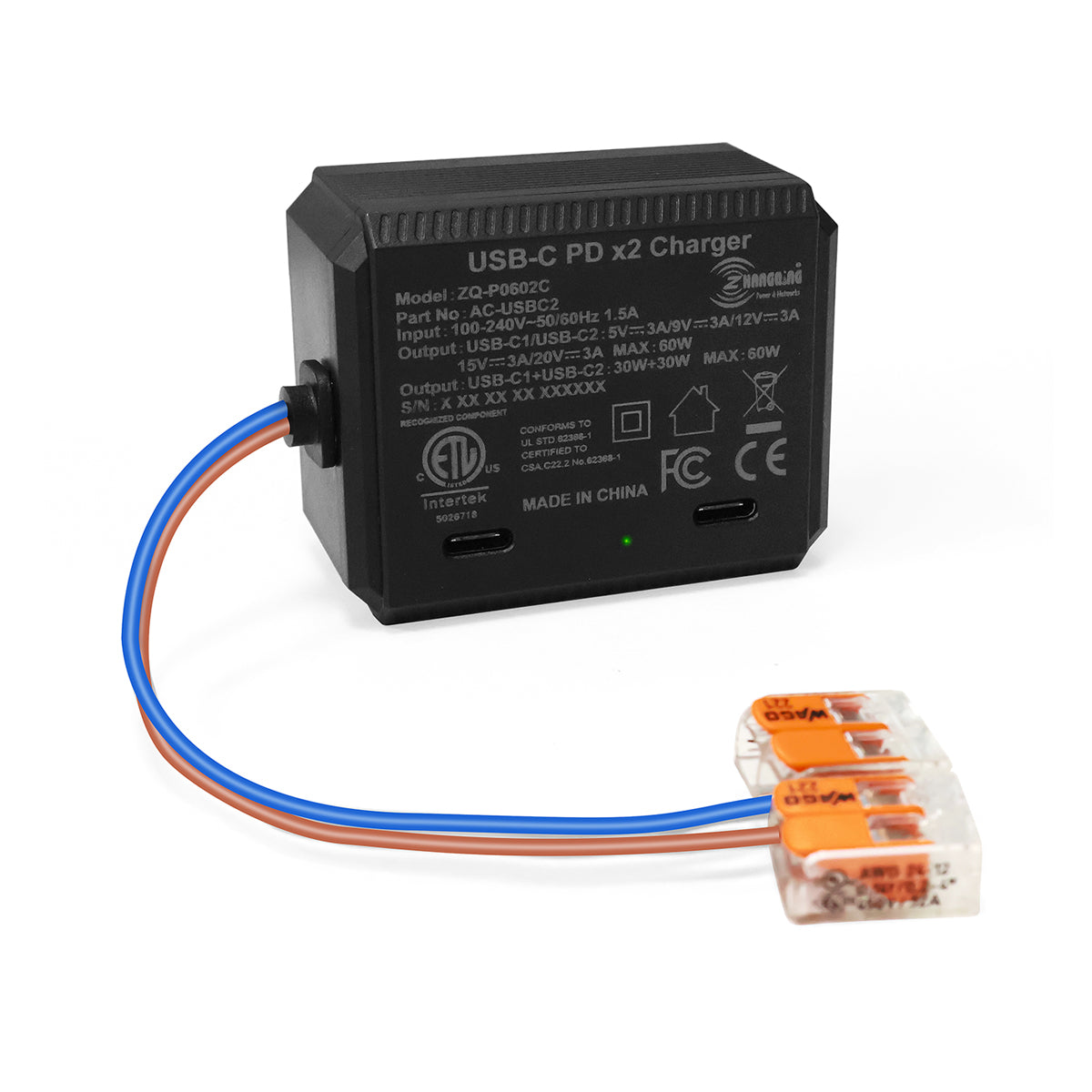 AC-USBC2-60W 双USB-C PD 60W 嵌入式电源适配器 100-240V 输入，支持 PD 3.0 快充协议5V/9V/12V/15V/20V输出，为笔记本电脑、平板电脑及智能手机充电；通过ETL、CE、FCC、RoHS 认证