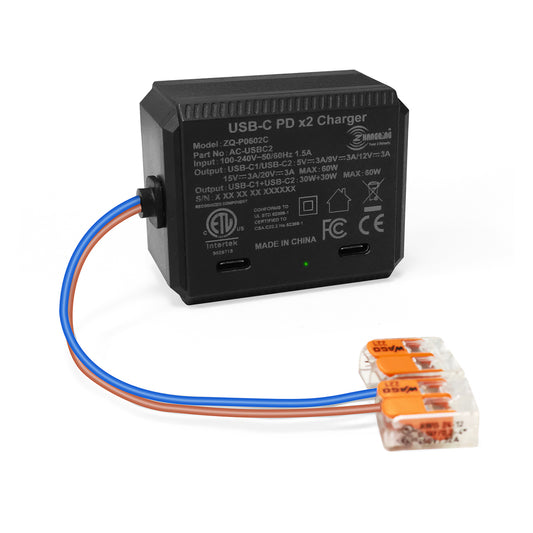 AC-USBC2-60W 双USB-C PD 60W 嵌入式电源适配器 100-240V 输入，支持 PD 3.0 快充协议5V/9V/12V/15V/20V输出，为笔记本电脑、平板电脑及智能手机充电；通过ETL、CE、FCC、RoHS 认证