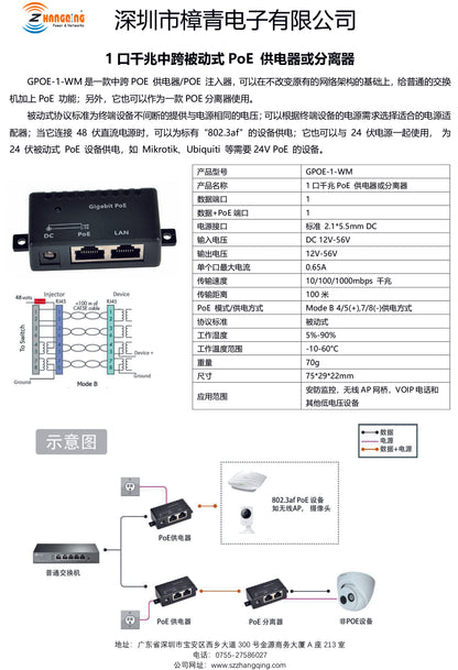 GPOE-1-WM 1口千兆中跨被动式PoE 供电器，PoE分离器，以太网供电器支持12-56V输入，ModeB 4/5(+),7/8(-)供电