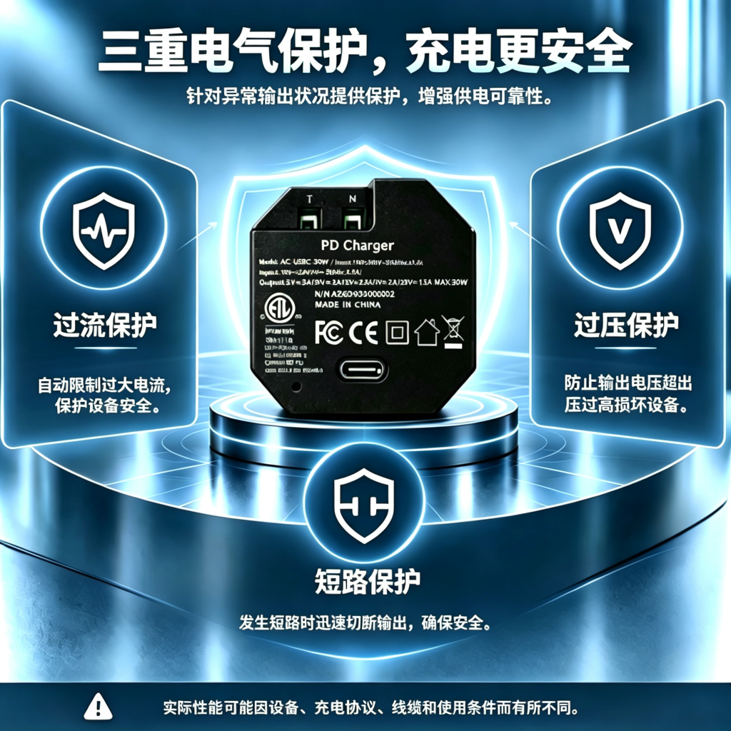 AC-USB-30W 嵌入式 USB-C PD 电源适配器｜30W快充｜100–240V AC转USB-C｜墙内隐藏安装