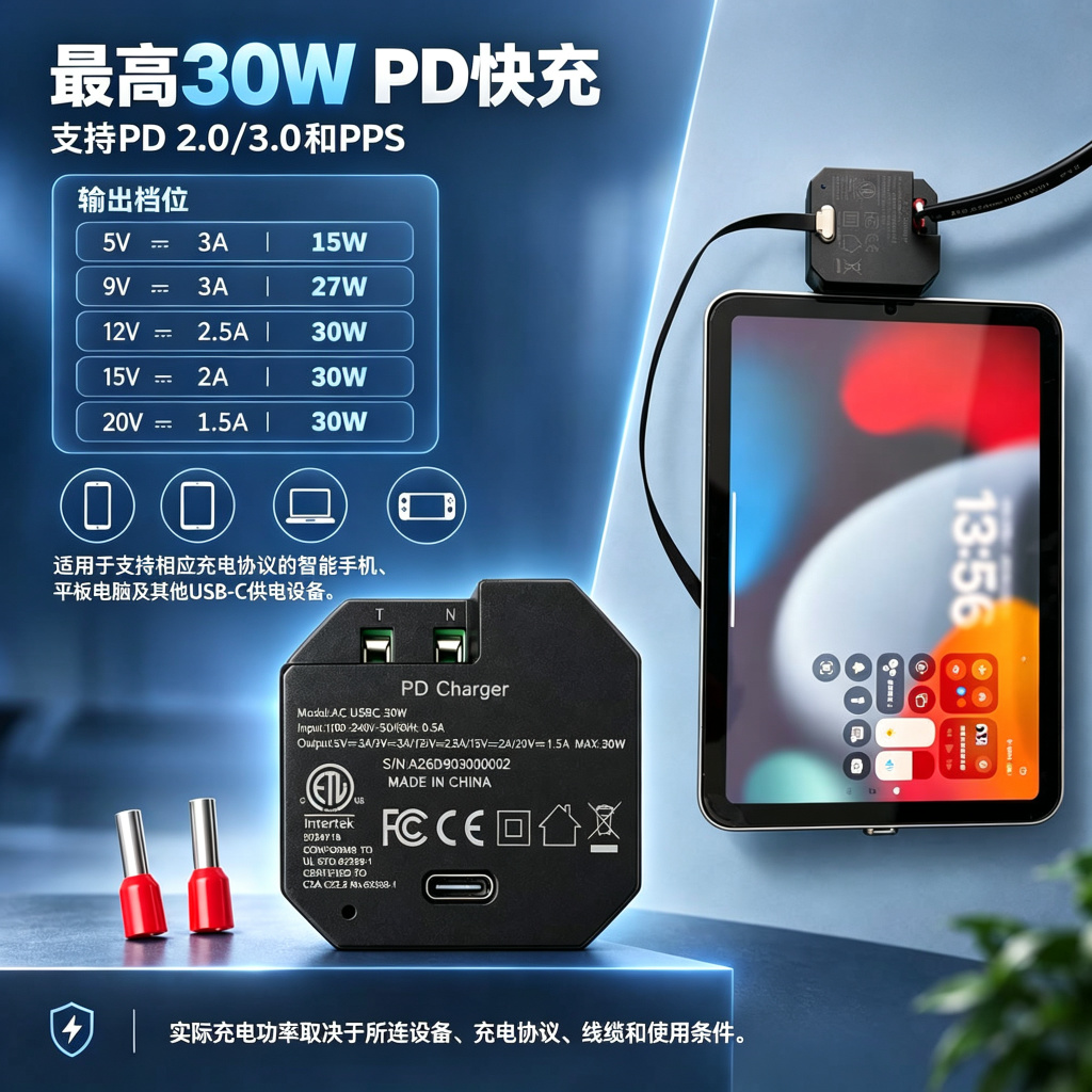 AC-USB-30W 嵌入式 USB-C PD 电源适配器｜30W快充｜100–240V AC转USB-C｜墙内隐藏安装