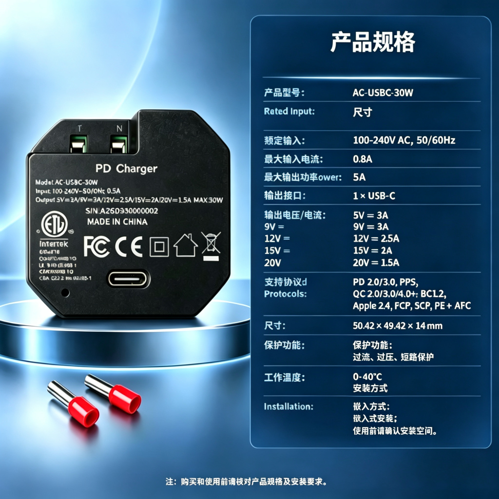AC-USB-30W 嵌入式 USB-C PD 电源适配器｜30W快充｜100–240V AC转USB-C｜墙内隐藏安装